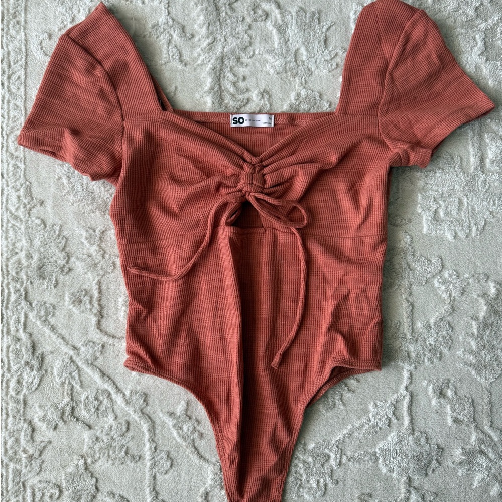 Rusty Orange Tie-Front Ribbed One-Piece - Picture 2 of 4